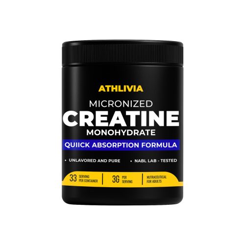 Athlivia Micronized Creatine Monohydrate supplement jar front view – Quick Absorption Formula, NABL lab-tested, unflavoured, 33 servings, 3g per serving, premium sports nutrition product for muscle growth and performance