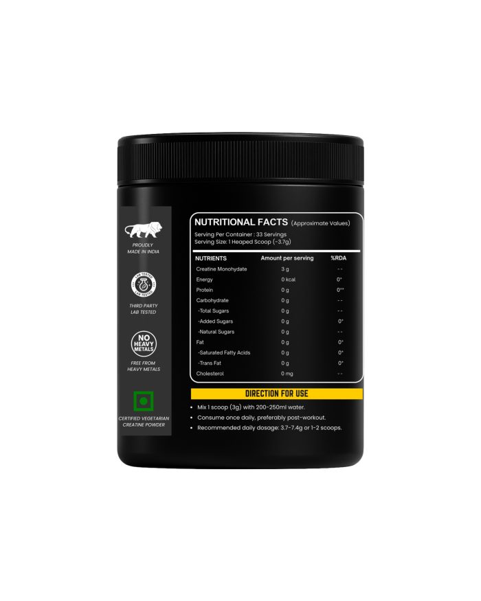 Back view of Athlivia Creatine Monohydrate 100g pouch showing nutritional information, ingredients, usage directions, manufacturing details, and barcode.