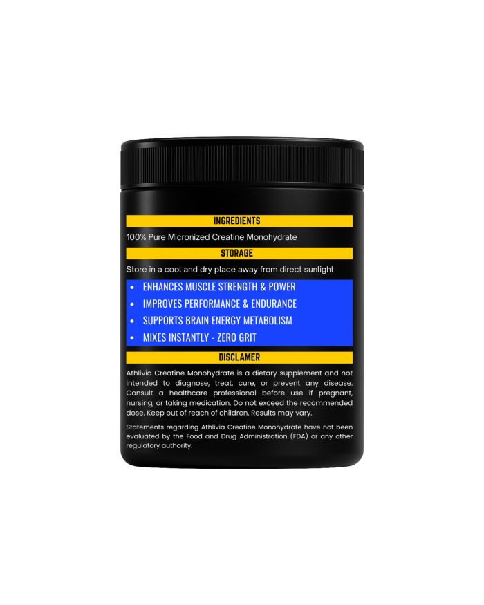 Back view of Athlivia Creatine Monohydrate 100g pouch showing nutritional information, ingredients, usage directions, manufacturing details, and barcode.