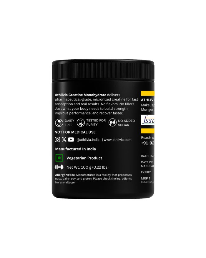 Back view of Athlivia Creatine Monohydrate 100g pouch showing nutritional information, ingredients, usage directions, manufacturing details, and barcode.
