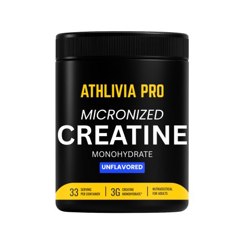 Athlivia Creatine Monohydrate 100g pouch – front view showing product label, 33 servings, micronized creatine for muscle strength and performance.