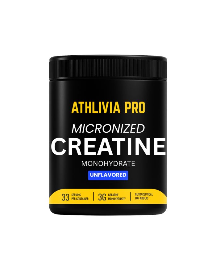 Athlivia Creatine Monohydrate 100g pouch – front view showing product label, 33 servings, micronized creatine for muscle strength and performance.