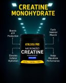 Front view of Athlivia Pro Micronized Creatine Monohydrate container with highlighted benefits including ATP production, cellular hydration, muscle fueling, and performance enhancement; 100g pack with 33 servings and 3g per serving.