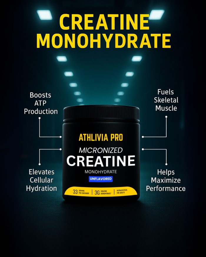 Front view of Athlivia Pro Micronized Creatine Monohydrate container with highlighted benefits including ATP production, cellular hydration, muscle fueling, and performance enhancement; 100g pack with 33 servings and 3g per serving.