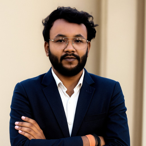 Prince Raj, team member at Athlivia, standing confidently in formal attire, reflecting dedication and leadership.