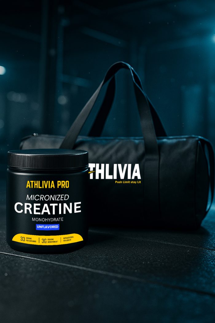 Athlivia Creatine Monohydrate supplement jar and premium black gym bag placed in a gym setting with cool lighting, showcasing fitness and performance essentials.