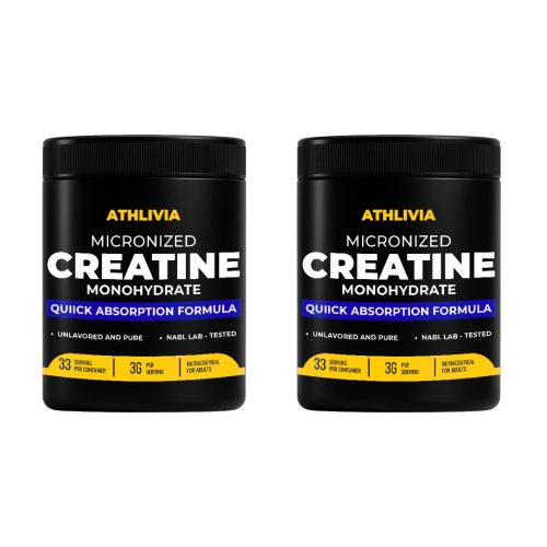 Athlivia Micronized Creatine Monohydrate pack of 2 – Quick Absorption Formula, NABL lab-tested, unflavoured, 33 servings each, 3g per serving, premium vegetarian sports supplement for muscle growth, strength, and performance