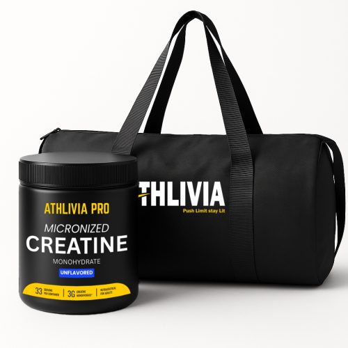 Athlivia Creatine Monohydrate supplement jar and premium black gym bag placed in a gym setting with cool lighting, showcasing fitness and performance essentials.