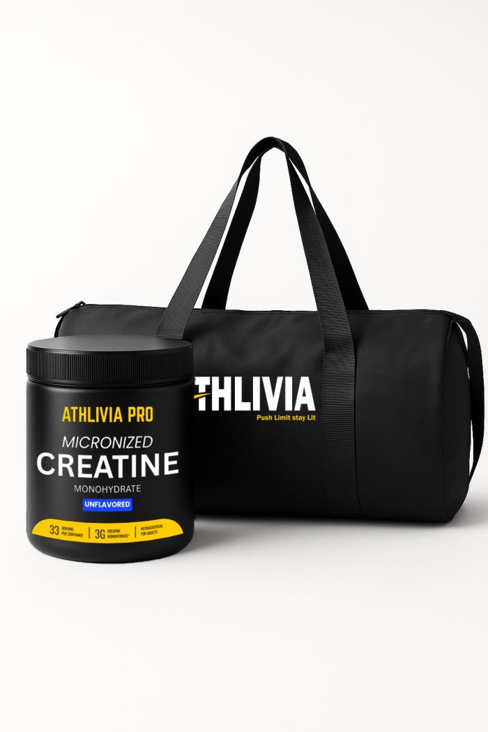 Athlivia Creatine Monohydrate supplement jar and premium black gym bag placed in a gym setting with cool lighting, showcasing fitness and performance essentials.